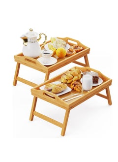 2 Pack Bed Trays, Serving Trays,  Bed Table for Eating, Bed Table Tray with Folding Legs, Bamboo Breakfast in Bed Tray, Food Trays Fits for Adult Kids Eating Snack and Laptops TV