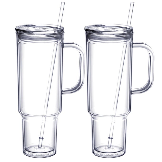 40 OZ TUMBLER WITH HANDLE AND STRAW LIDDOUBLE WALL VACUUM REUSABLE PLASTIC WATER BOTTLE TRAVEL MUG CUPCLASSIC ACRYLIC TUMBLERS CUPHOLDER FRIENDLY 2 PACK