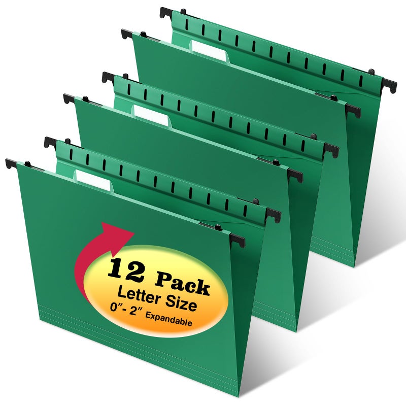 SHUTEX Plastic Hanging File Folders,Letter Size,Reinforced Hang Folders,Standard File Folders for Filing Cabinet,Plastic Hanging Folders,1/5-Cut Tabs,Designed for Home and Office,Green,12 Pack - Image 1