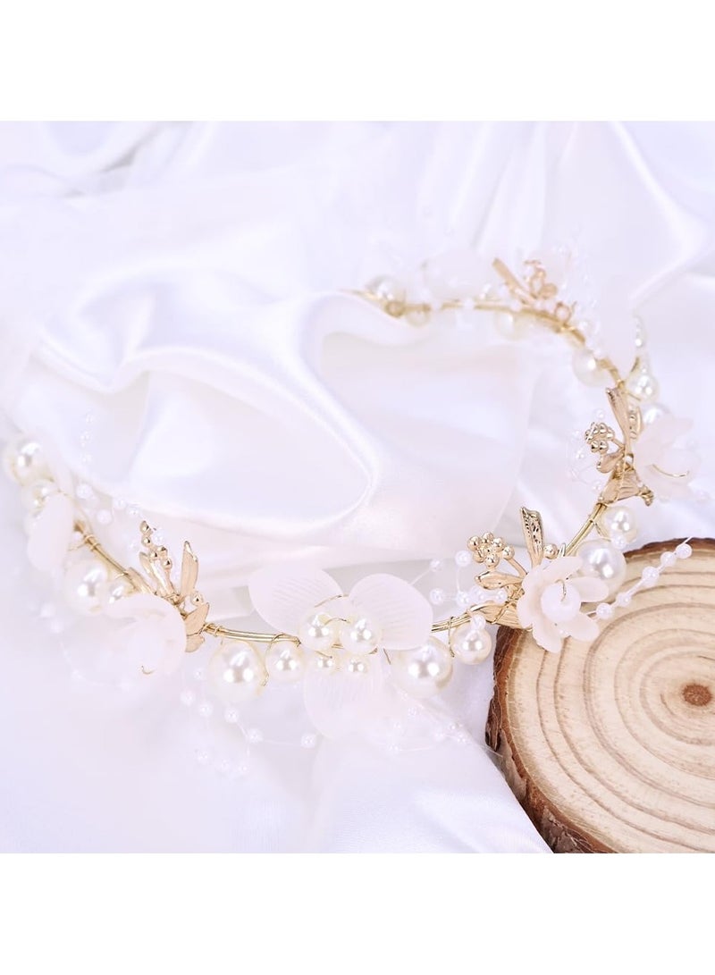 HIHILOOK Flower Crown for Women with Pearl, Adjustable Floral Headpiece Handmade Hair Accessory Photo Pops Handband Floral Crown for Wedding Festival Party Birthday (White, Adjustable)  - Image 3