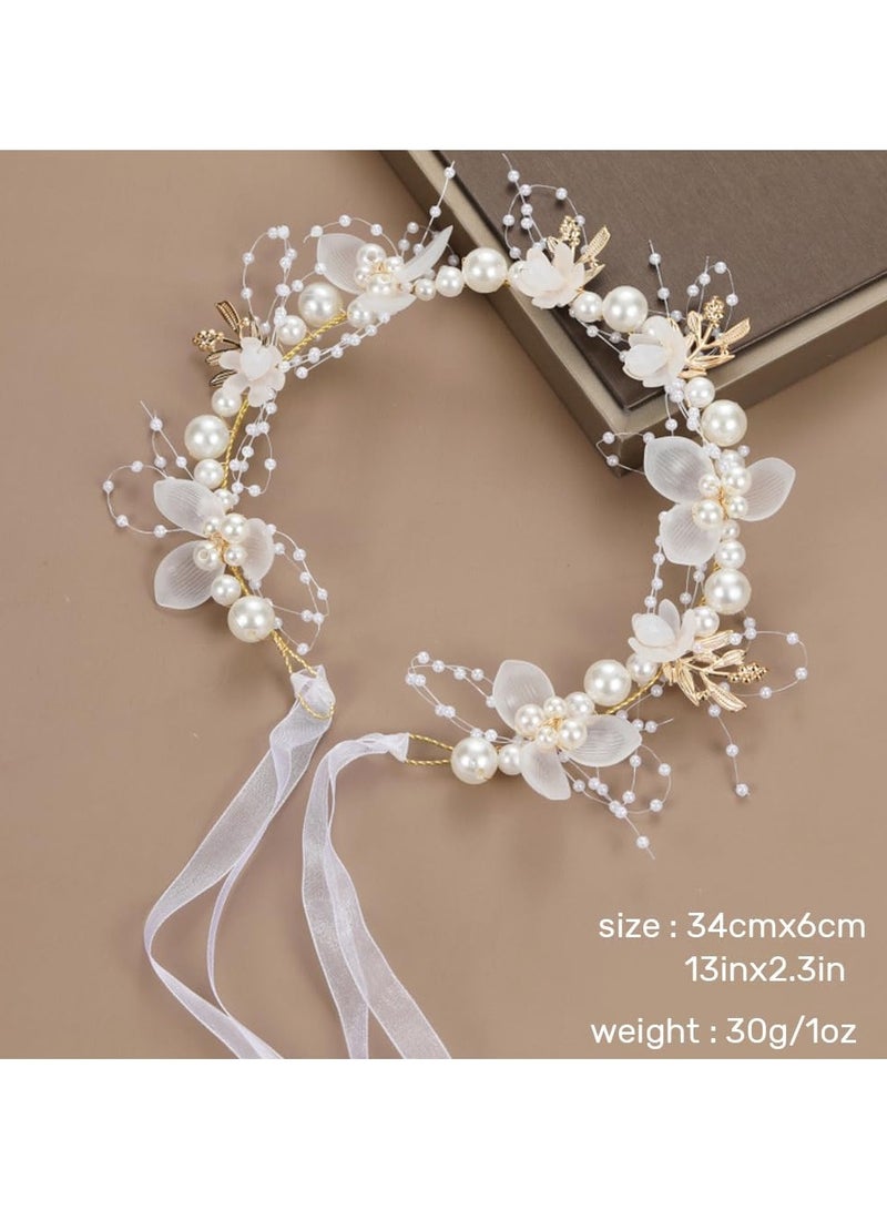 HIHILOOK Flower Crown for Women with Pearl, Adjustable Floral Headpiece Handmade Hair Accessory Photo Pops Handband Floral Crown for Wedding Festival Party Birthday (White, Adjustable)  - Image 2