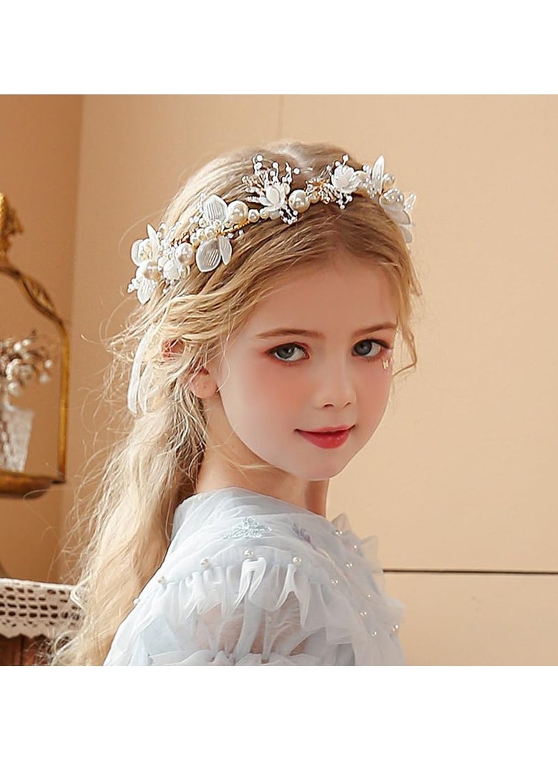 HIHILOOK Flower Crown for Women with Pearl, Adjustable Floral Headpiece Handmade Hair Accessory Photo Pops Handband Floral Crown for Wedding Festival Party Birthday (White, Adjustable)  - Image 1