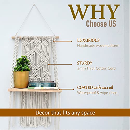 ecofynd 16 inches Cotton Wall Hanging Wooden Shelf, Bohemian Boho Nordic Style for Home Decor, Floating Rack for Bedroom Living Room (SH023) - Image 5