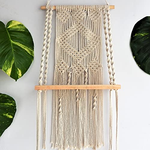 ecofynd 16 inches Cotton Wall Hanging Wooden Shelf, Bohemian Boho Nordic Style for Home Decor, Floating Rack for Bedroom Living Room (SH023) - Image 1