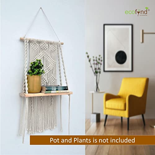 ecofynd 16 inches Cotton Wall Hanging Wooden Shelf, Bohemian Boho Nordic Style for Home Decor, Floating Rack for Bedroom Living Room (SH023) - Image 2