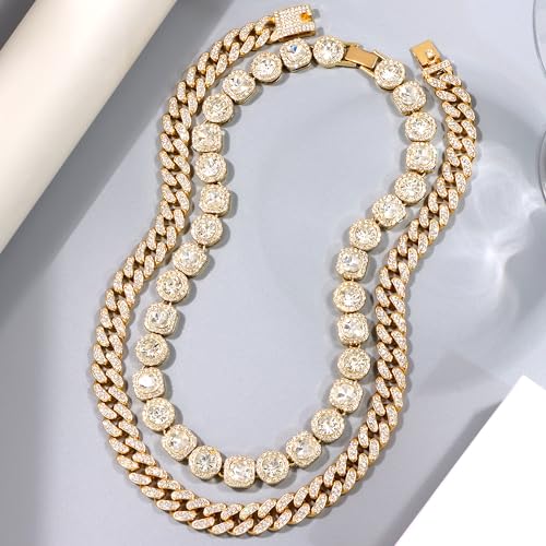 shopbyskyler 2PCS Tennis Chain Miami Cuban Link Chain for Women 15MM Heart Iced Out Miami Cuban Necklace Hip Hop Jewelry 16inch18inch Gold4 - Image 3