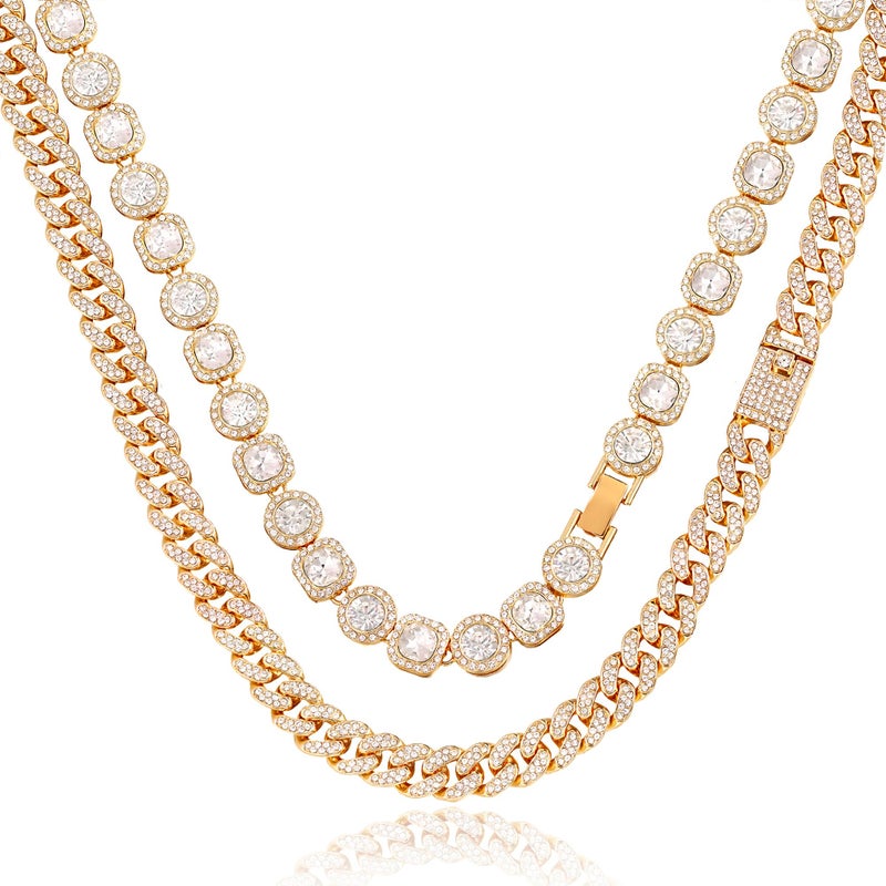 shopbyskyler 2PCS Tennis Chain Miami Cuban Link Chain for Women 15MM Heart Iced Out Miami Cuban Necklace Hip Hop Jewelry 16inch18inch Gold4 - Image 2