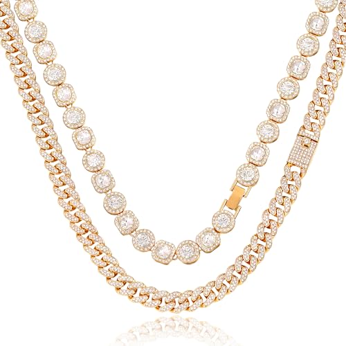 shopbyskyler 2PCS Tennis Chain Miami Cuban Link Chain for Women 15MM Heart Iced Out Miami Cuban Necklace Hip Hop Jewelry 16inch18inch Gold4 - Image 1