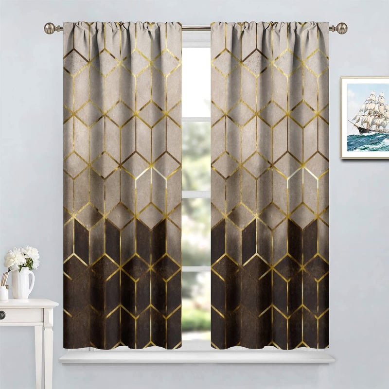 YCness Geometric Marble Curtains, Brown Gold Abstract Geometry Hexagon Pattern Texture Window Treatments for Bedroom Living Room, Brown Ombre Marble Drape 2 Panel Sets,42x45 Inch - Image 4