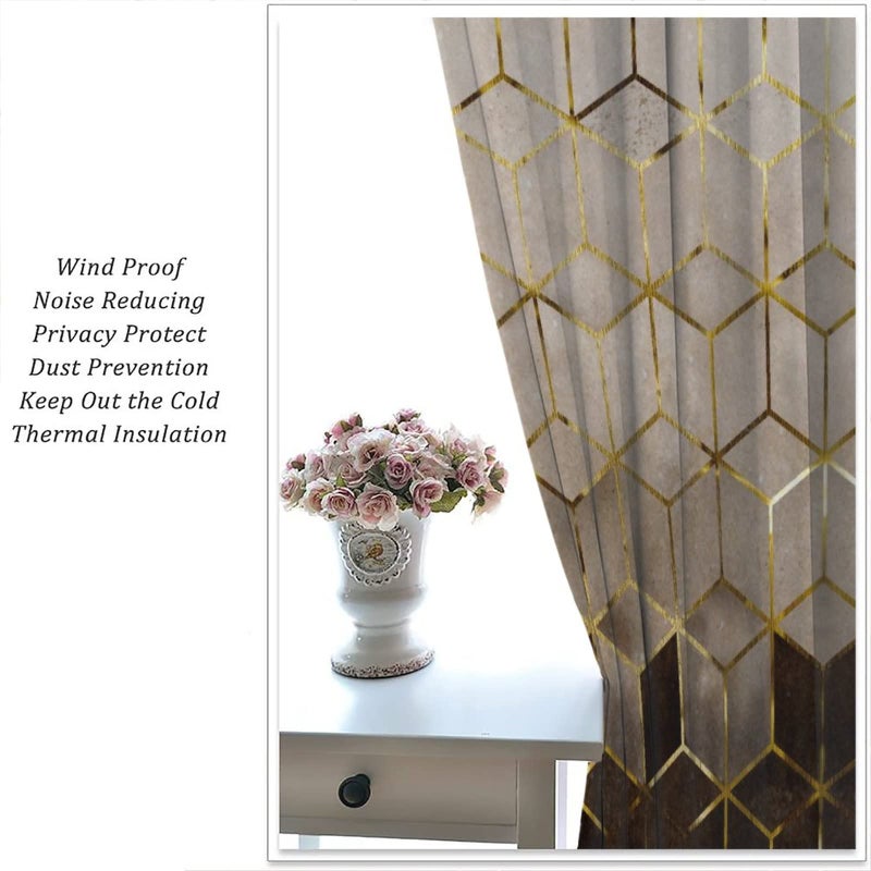 YCness Geometric Marble Curtains, Brown Gold Abstract Geometry Hexagon Pattern Texture Window Treatments for Bedroom Living Room, Brown Ombre Marble Drape 2 Panel Sets,42x45 Inch - Image 5