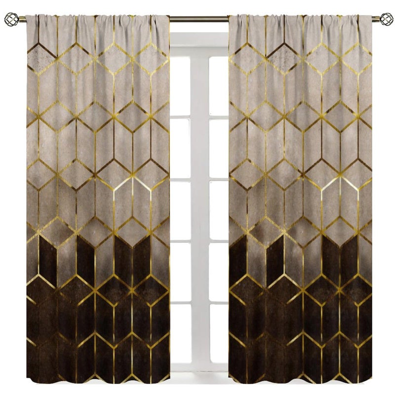 YCness Geometric Marble Curtains, Brown Gold Abstract Geometry Hexagon Pattern Texture Window Treatments for Bedroom Living Room, Brown Ombre Marble Drape 2 Panel Sets,42x45 Inch - Image 1