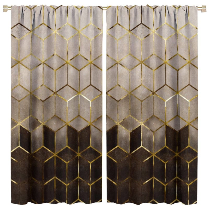 YCness Geometric Marble Curtains, Brown Gold Abstract Geometry Hexagon Pattern Texture Window Treatments for Bedroom Living Room, Brown Ombre Marble Drape 2 Panel Sets,42x45 Inch - Image 3