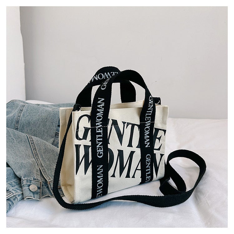 2024 Gentle Woman Canvas Tote Bag with Letter Print white with black 