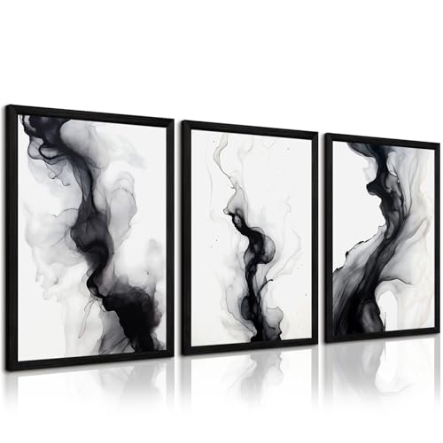 Joocrise Black White Abstract Wall Art Decor Set of 3 Modern Wall Art Minimalist Canvas Wall Decor Black White Abstract Prints Modern Pictures Minimalist Artwork for Room Bedroom 12x16 Inch Framed - Image 1