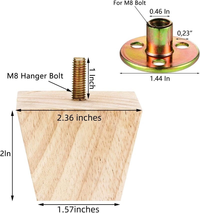 Metany 4PCS Wood Furniture Legs 2 inches Square Furniture Legs with Bolt Walnut Sofa Legs Couch Legs Replacement for Legs for Piano Bench, Chest-Turned-Coffee Table (Unfinished Wood Color) - Image 3