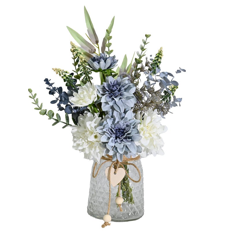 Artificial Flowers with Vase Faux Dahlia Flower Arrangement in Glass Vase Blue and White Silk Flowers with Eucalyptus for Home Office Kitchen Dining Table Centerpiece Decor