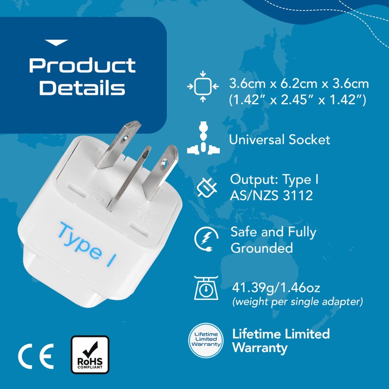 Ceptics Australia, China, New Zealand Travel Plug Adapter (Type I) - 3 Pack [Grounded & Universal] (GP-16-3PK) - Image 4