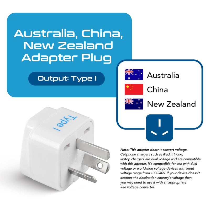 Ceptics Australia, China, New Zealand Travel Plug Adapter (Type I) - 3 Pack [Grounded & Universal] (GP-16-3PK) - Image 2