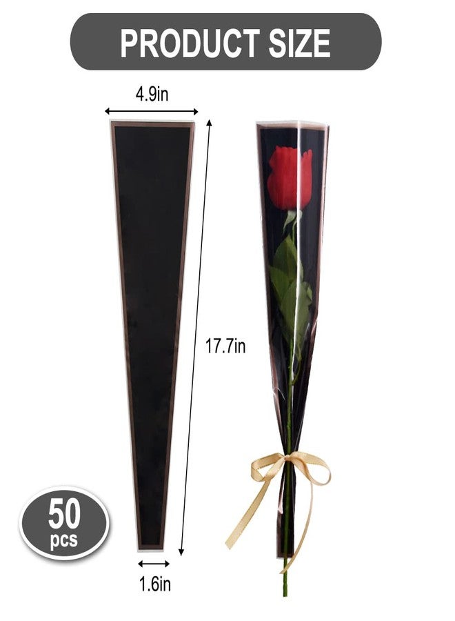 بيشيدا 50 قطعة أكياس تغليف زهور بلاستيكية أحادية الوردة، أكمام زهور من السيلوفان لمستلزمات باقات الزهور، عيد الأم وعيد الحب (أسود وشامبانيا) - Image 2