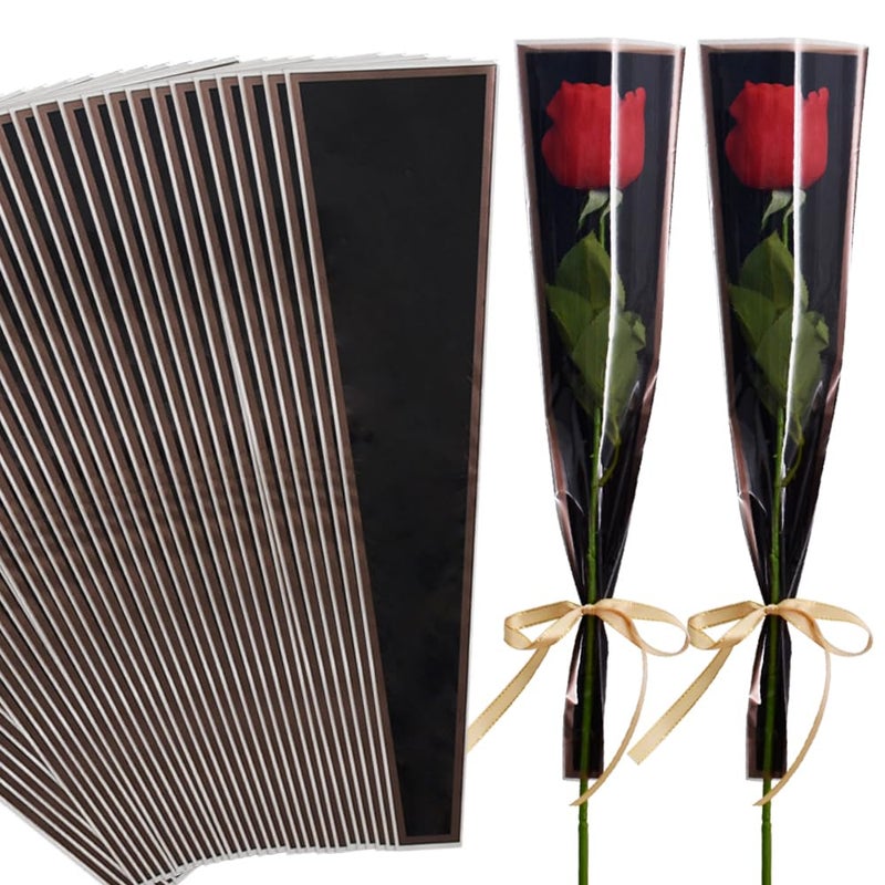 بيشيدا 50 قطعة أكياس تغليف زهور بلاستيكية أحادية الوردة، أكمام زهور من السيلوفان لمستلزمات باقات الزهور، عيد الأم وعيد الحب (أسود وشامبانيا) - Image 1