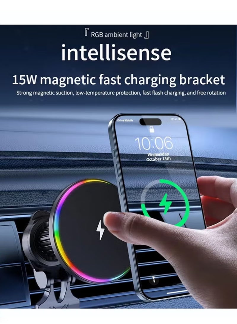 X-level Magnetic Wireless Car Charger, 3 in 1 [LED RGB HandsFree] Fast Charging Car MagSafe Charger for iPhone 16 Pro Max /15/14 Series, Gift for Men Women 360 Degree Rotation Black - Image 2