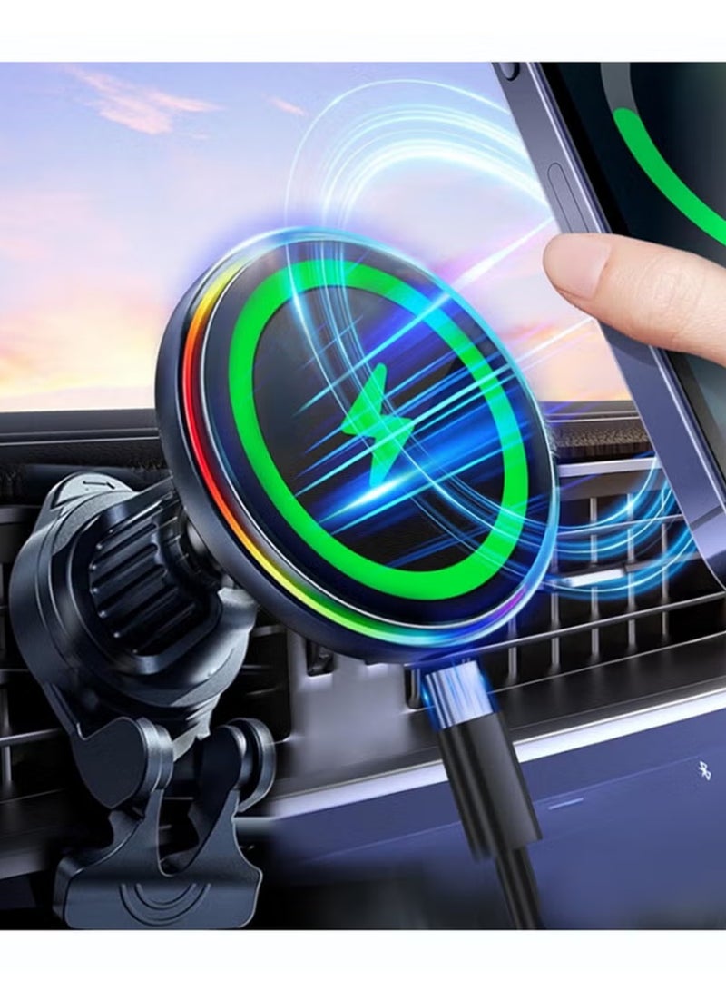 X-level Magnetic Wireless Car Charger, 3 in 1 [LED RGB HandsFree] Fast Charging Car MagSafe Charger for iPhone 16 Pro Max /15/14 Series, Gift for Men Women 360 Degree Rotation Black - Image 1