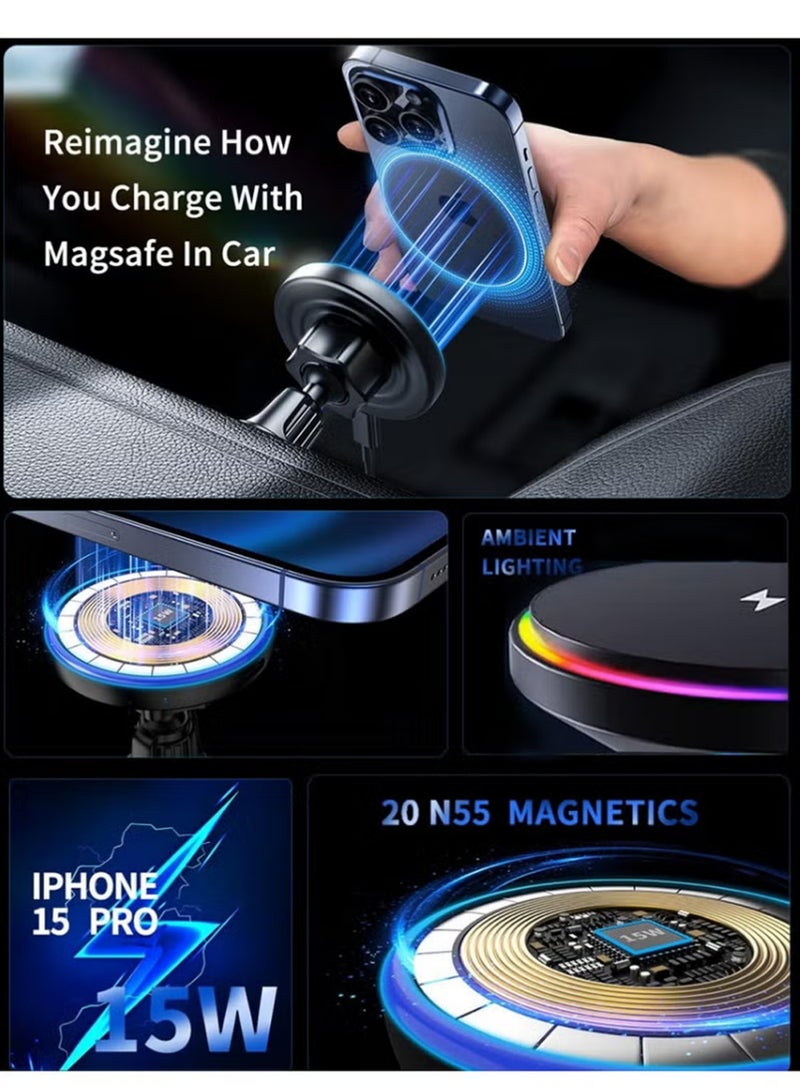 X-level Magnetic Wireless Car Charger, 3 in 1 [LED RGB HandsFree] Fast Charging Car MagSafe Charger for iPhone 16 Pro Max /15/14 Series, Gift for Men Women 360 Degree Rotation Black - Image 4