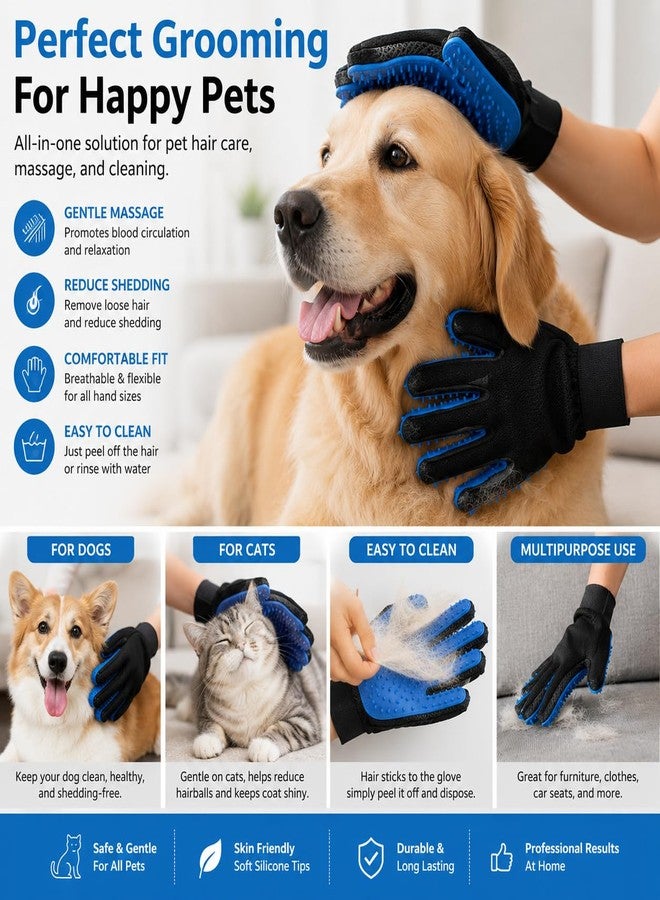 Pet Grooming Gloves - Deshedding & Bath Brush Gloves for Dogs, Cats & Horses, Gentle Hair Remover & Massage Mitt (Blue) - Image 2