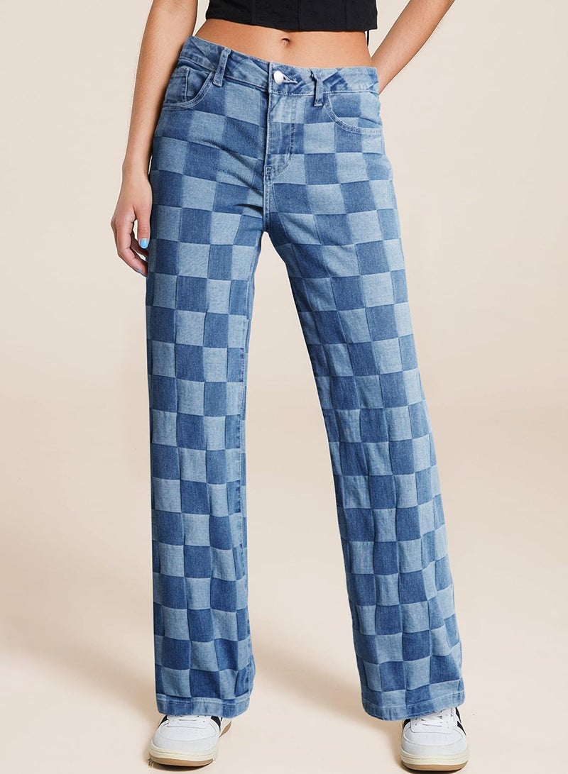 Sidefeel Women's Wide Leg Jeans High Waisted Stretchy Straight Leg Checkered Trendy Loose Denim Pants Blue Size 12 - Image 5