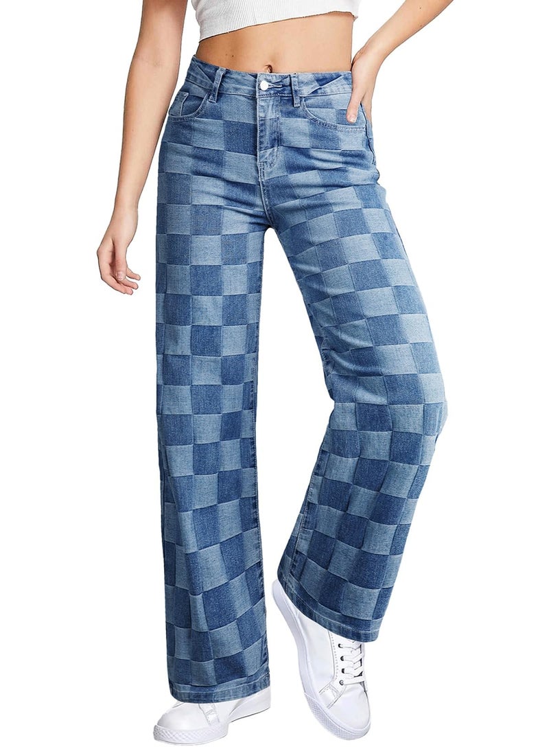 Sidefeel Women's Wide Leg Jeans High Waisted Stretchy Straight Leg Checkered Trendy Loose Denim Pants Blue Size 12 - Image 1