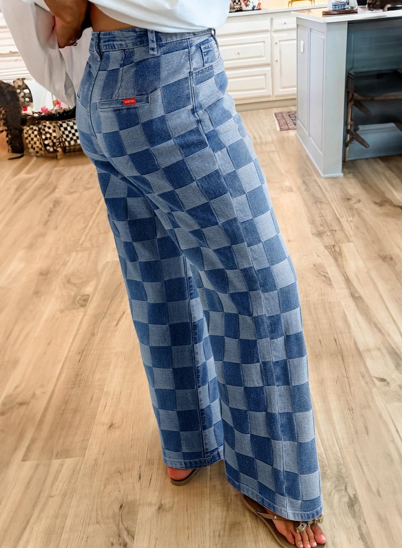 Sidefeel Women's Wide Leg Jeans High Waisted Stretchy Straight Leg Checkered Trendy Loose Denim Pants Blue Size 12 - Image 3