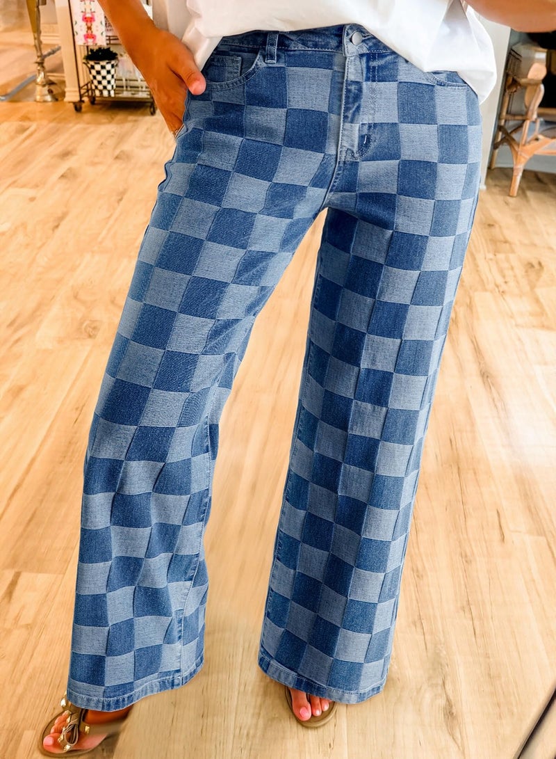 Sidefeel Women's Wide Leg Jeans High Waisted Stretchy Straight Leg Checkered Trendy Loose Denim Pants Blue Size 12 - Image 2