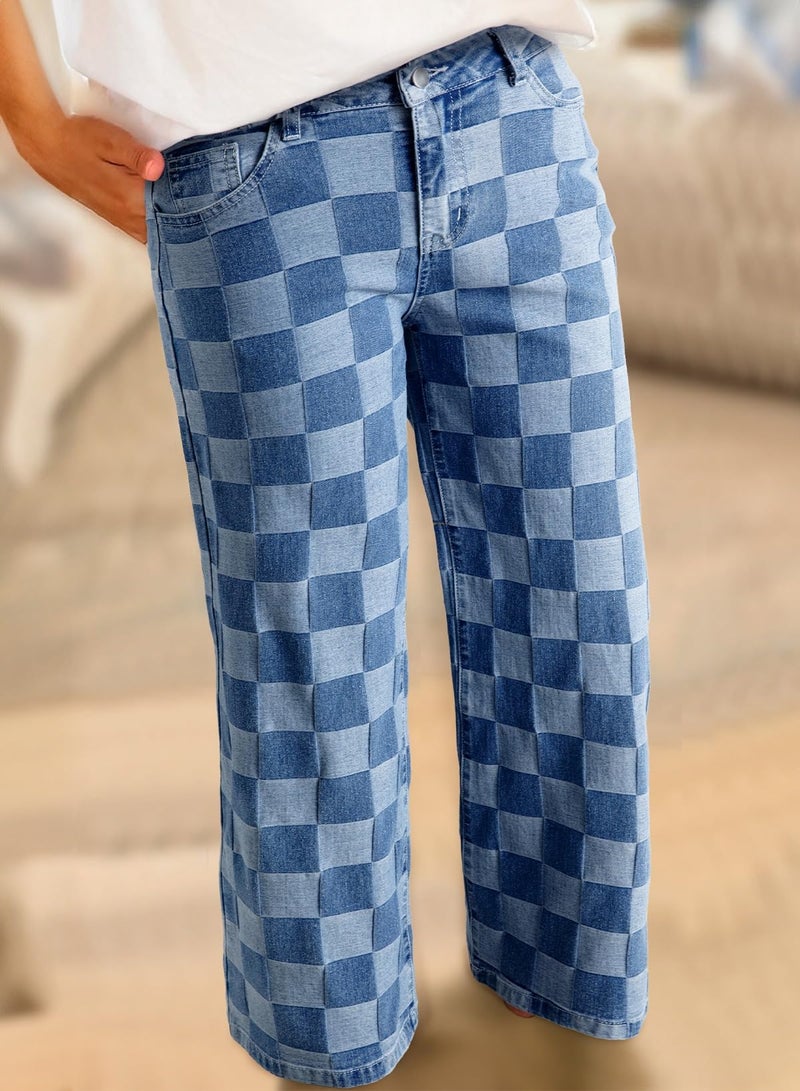 Sidefeel Women's Wide Leg Jeans High Waisted Stretchy Straight Leg Checkered Trendy Loose Denim Pants Blue Size 12 - Image 4