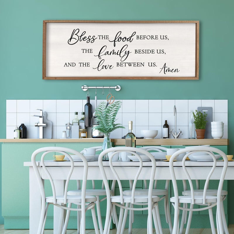Surfapans Bless the Food Before Us Wall Decor, 40"X15" Farmhouse Dining Room Family Kitchen Sign, Christian Bible Verse Scripture Vintage Home Framed Wood Wall Art(Wood White) - Image 4
