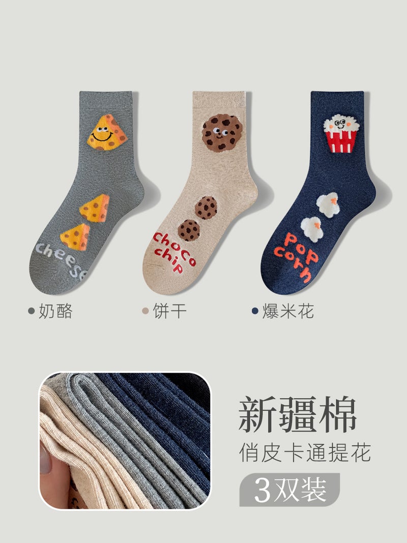 Cotton Crew Socks for Women, Cartoon, Anti-Odor cheese cracker popcorn (3 pairs) 