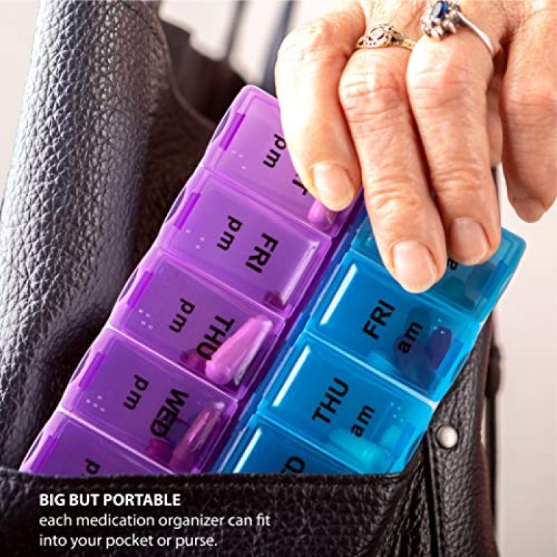 14 Compartments Pill Box Organizer Case 7 Daily AM PM Slot Contoured Design - Weekly Medication Planner Push Button Translucent Lids for Travel Purse - Image 5