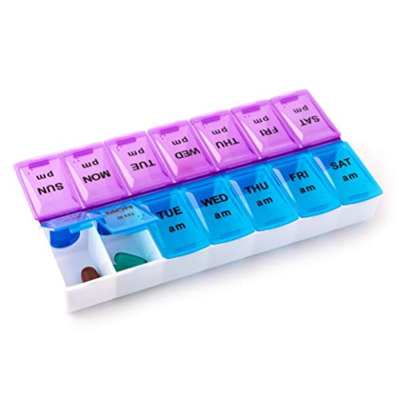 14 Compartments Pill Box Organizer Case 7 Daily AM PM Slot Contoured Design - Weekly Medication Planner Push Button Translucent Lids for Travel Purse - Image 1