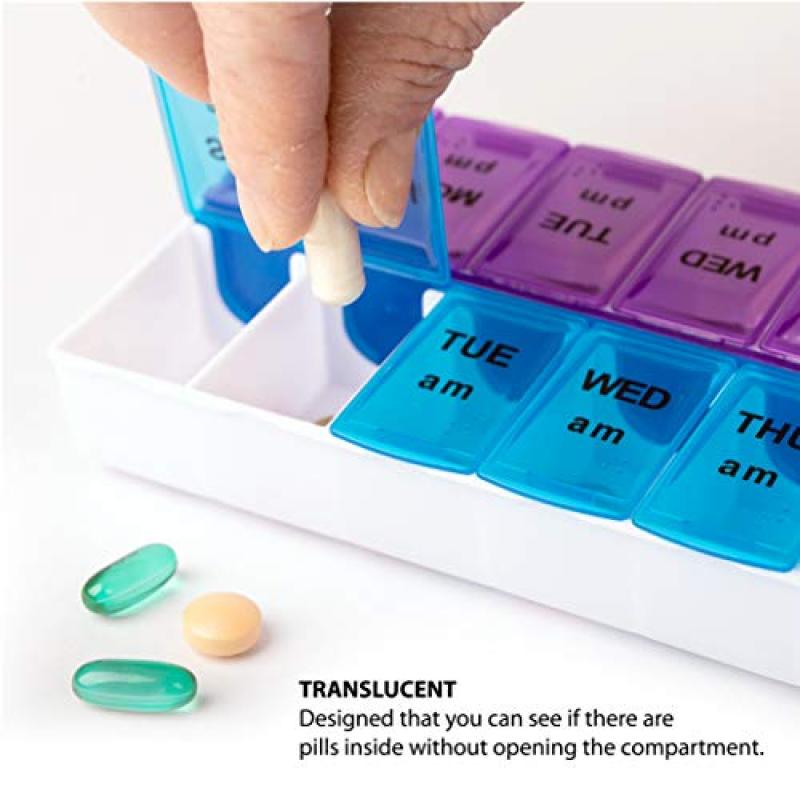 14 Compartments Pill Box Organizer Case 7 Daily AM PM Slot Contoured Design - Weekly Medication Planner Push Button Translucent Lids for Travel Purse - Image 2
