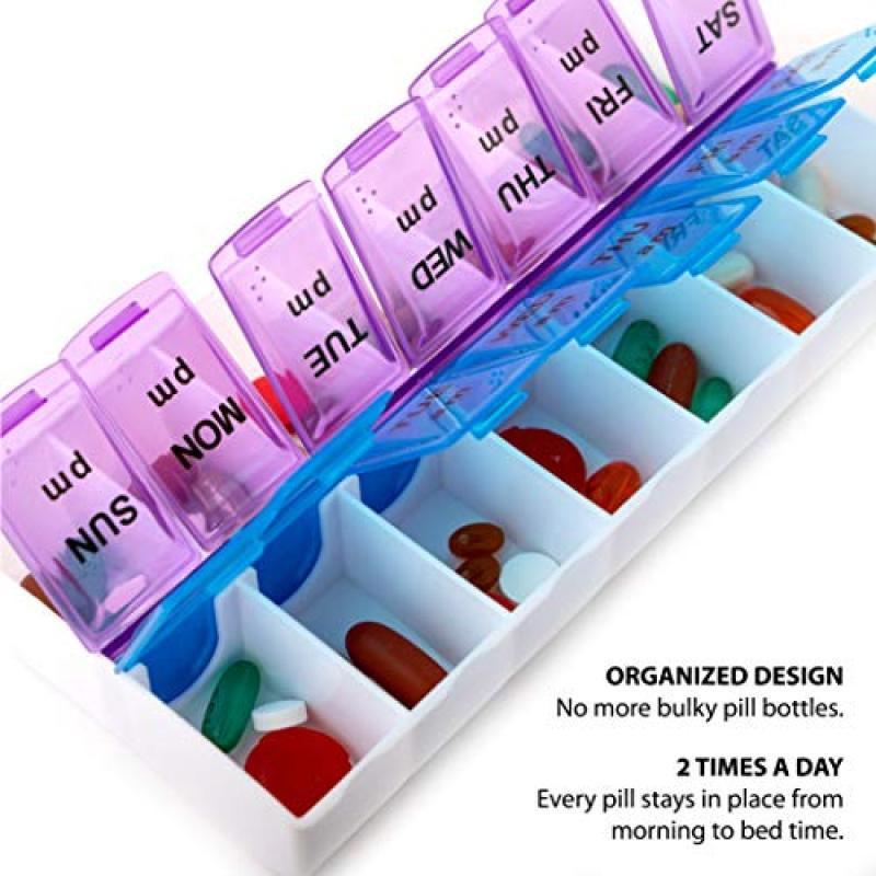 14 Compartments Pill Box Organizer Case 7 Daily AM PM Slot Contoured Design - Weekly Medication Planner Push Button Translucent Lids for Travel Purse - Image 4