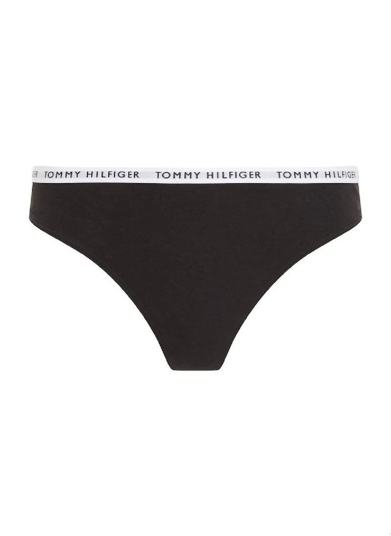 TOMMY HILFIGER Women's 3-Pack Logo Waistband Thongs Underwear Bottoms, Black