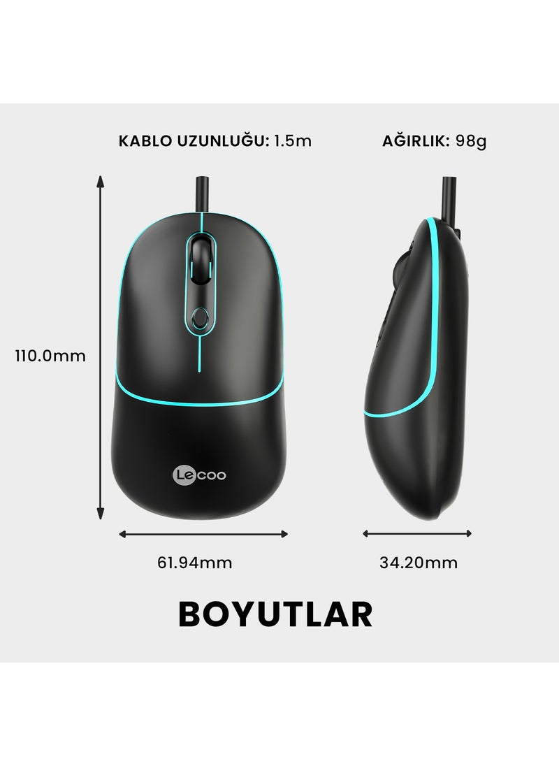 lecoo - Lenovo MS110 USB Wired RGB 2400DPI 4-Button Silent Click Optical Mouse Black - Image 1