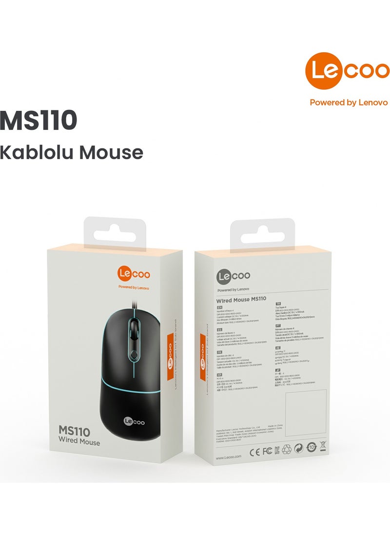lecoo - Lenovo MS110 USB Wired RGB 2400DPI 4-Button Silent Click Optical Mouse Black - Image 1