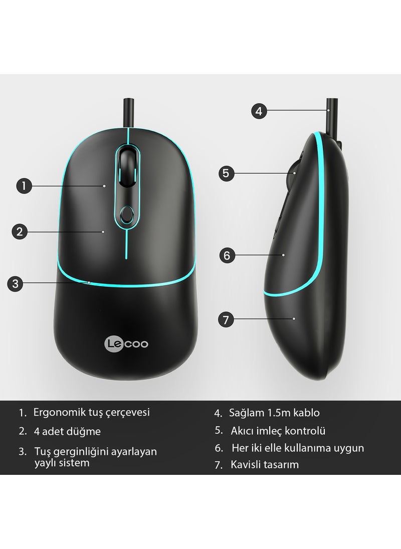 lecoo - Lenovo MS110 USB Wired RGB 2400DPI 4-Button Silent Click Optical Mouse Black - Image 1
