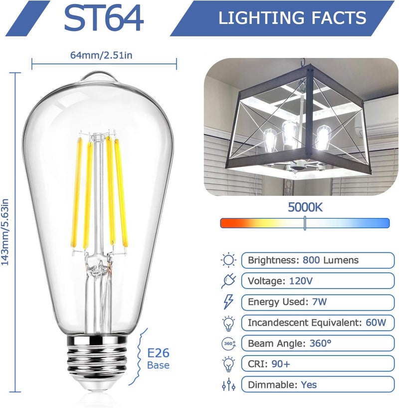 BesLowe Vintage LED Edison Light Bulbs Dimmable 12 Pack, 60W Equivalent, 5000K Daylight White - Image 4