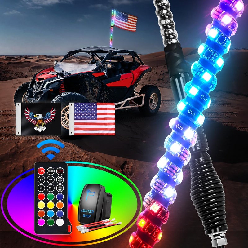 GOOACC 1PC 3FT LED Whip Light with Spring Base Spiral RGB Chasing RF Remote Lighted Antenna Whips wRocker Switch for UTV ATV Truck Sand Rail Buggy Dune RZR Canam - Image 2