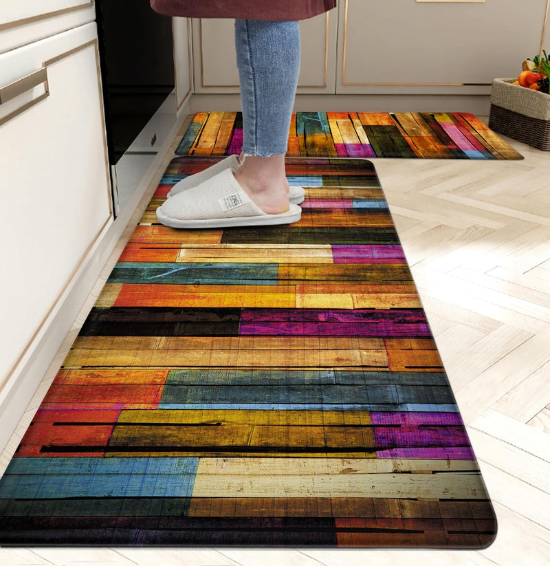 weesire Kitchen Mats for Floor Colorful kitchen rugs Cool Wooden Abstract Anti Fatigue Kitchen Mats Waterproof Floor Mats Cushioned Non-Skid Standing Mats for Laundry, Sink, Set of 2,17.3 x 28+17.3 x 47 Inch - Image 1
