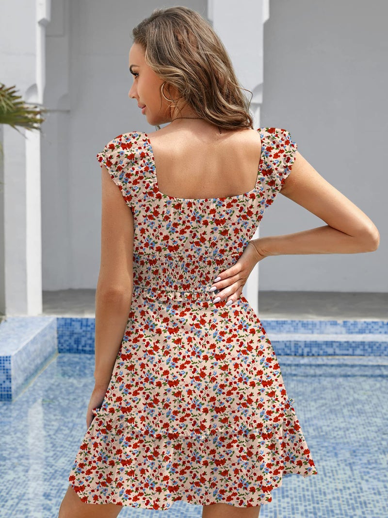 YOBECHO Womens Summer Ruffle Sleeve Sweetheart Neckline Printing Dress Mini Dresses - Image 3