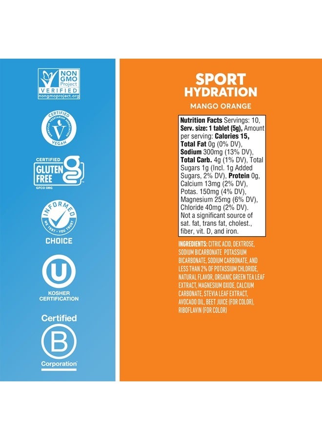 Sport + Caffeine Electrolyte Tablets for Proactive Hydration, Mango Orange, 8 Pack (80 Servings)