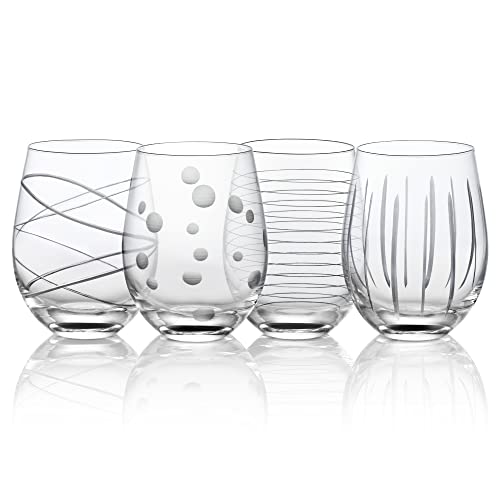 Joeyan Hand Blown Etched Stemless Wine Glasses with Dots Strips Pattern for Red Wine,Large Carved Drinking Glass Cups Tumblers for Wedding Anniversary Party Home,Set of 4,17.5 oz - Image 1