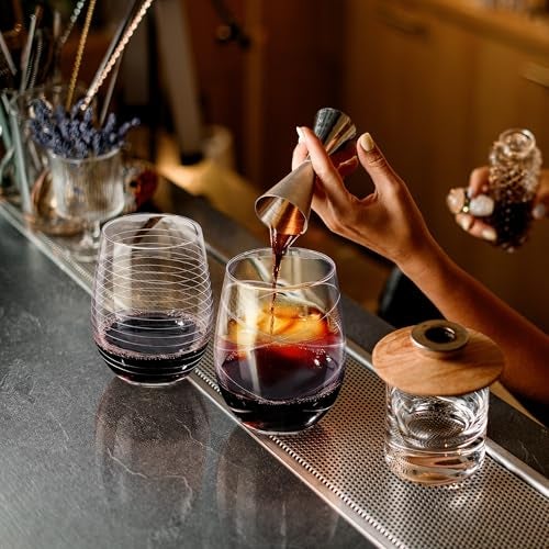 Joeyan Hand Blown Etched Stemless Wine Glasses with Dots Strips Pattern for Red Wine,Large Carved Drinking Glass Cups Tumblers for Wedding Anniversary Party Home,Set of 4,17.5 oz - Image 4